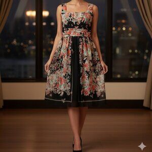 Bay Studio Black Multi-Color Floral Print Chiffon Sleeveless A-Line Dress